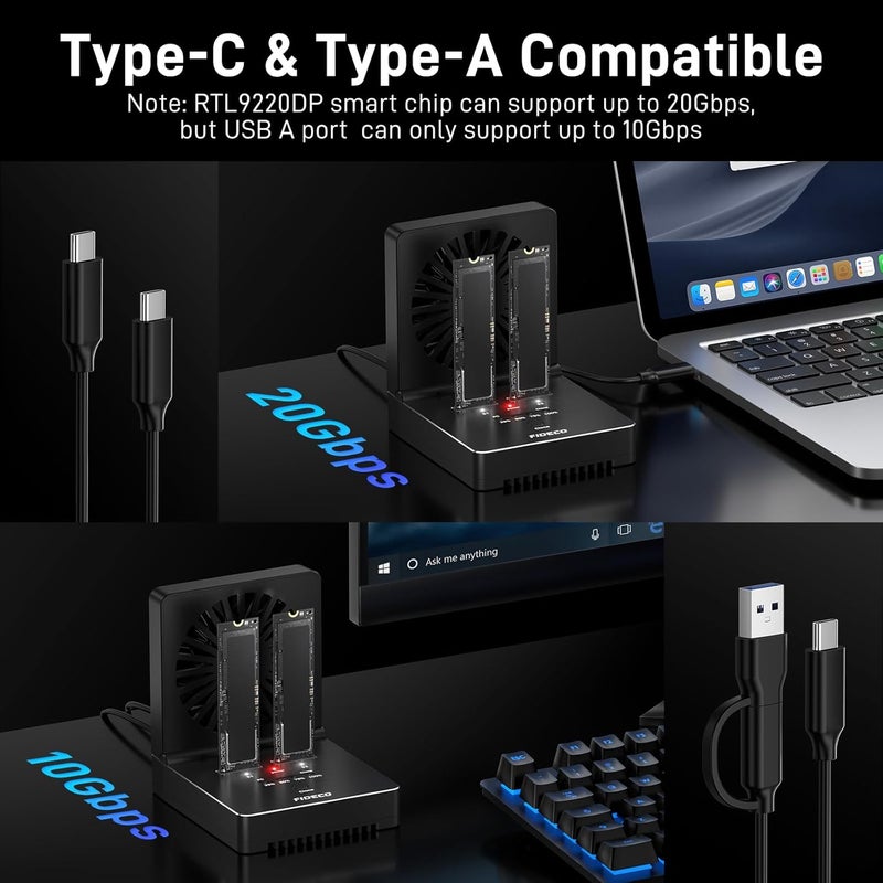 FIDECO M.2 NVMe SATA SSD Cloner Dock, USB 3.2 Gen 2 X 2, 20Gbps NVMe Cloner Duplicator with Foldable Cooling Fan, Support Offline Clone, UASP and Trim, Aluminum Design - Image 2